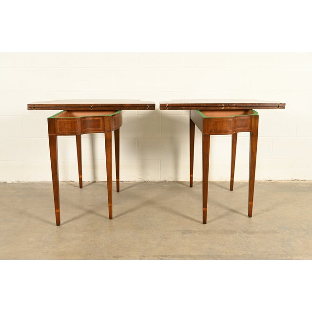 Baker Furniture Federal Inlaid Mahogany Flip-Top Consoles or Game Tables, Pair For Sale - Image 9 of 14