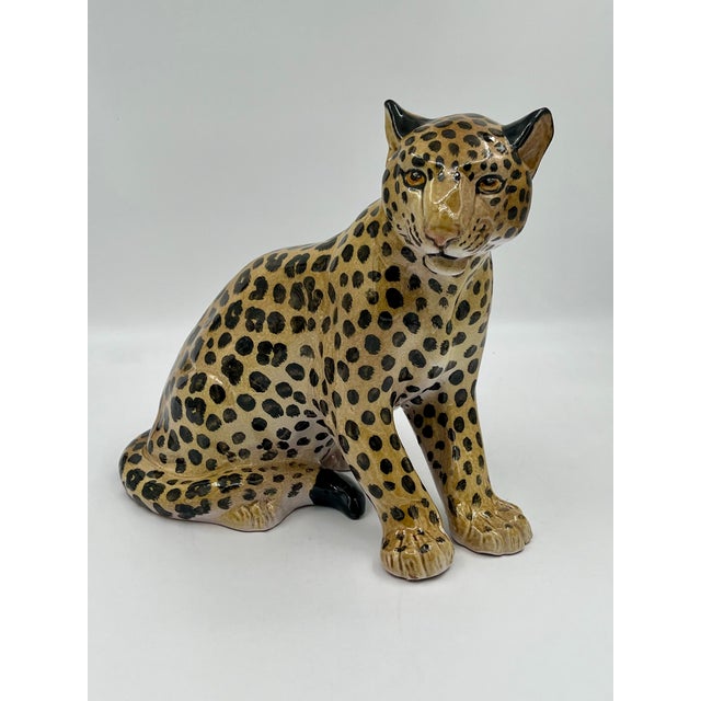 Mid 20th Century Hollywood Regency Glazed Terracotta Italian Leopard or Cheetah Statue Figurine Sitting For Sale In New York - Image 6 of 11