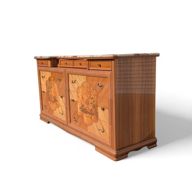 Postmodern Late 20th Century Postmodern Lacquer Dresser With Faux Marble Top and Neoclassical Inlays For Sale - Image 3 of 18