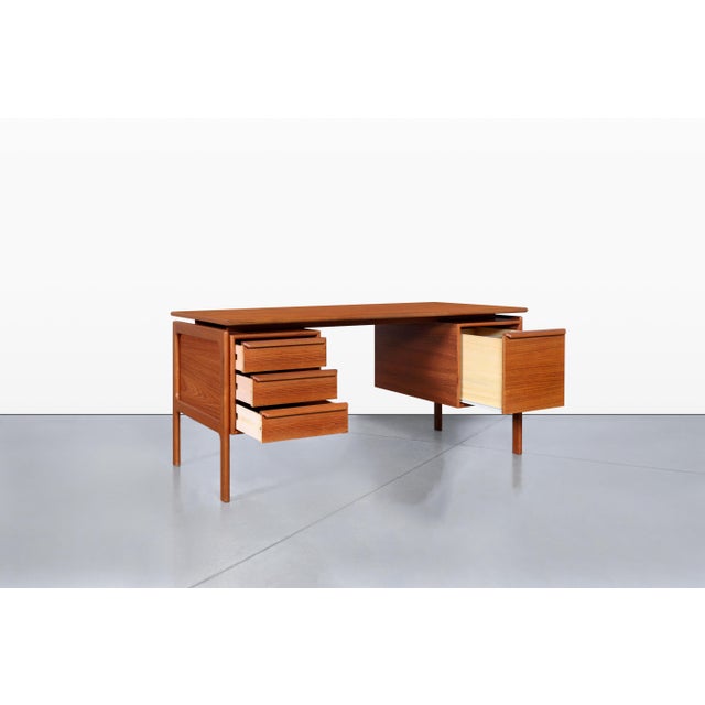 Burnt Orange Danish Modern Floating Top Teak Executive Desk by g.v. Mobler For Sale - Image 8 of 14