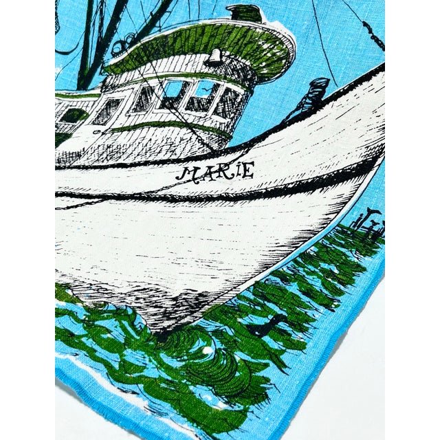 Vintage Key West Hand-Printed Linen Towel – Suzie Zuzek Shrimp Boat Coastal Nautical 1960s For Sale - Image 4 of 10