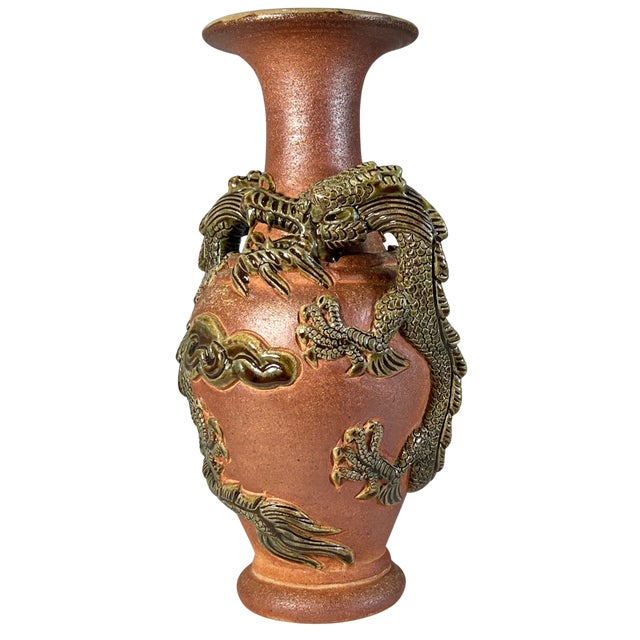 11+ In. Tall Vintage Japanese Tokoname-Yaki Style Pottery Vase Dark Green Glaze Dragon For Sale - Image 10 of 16