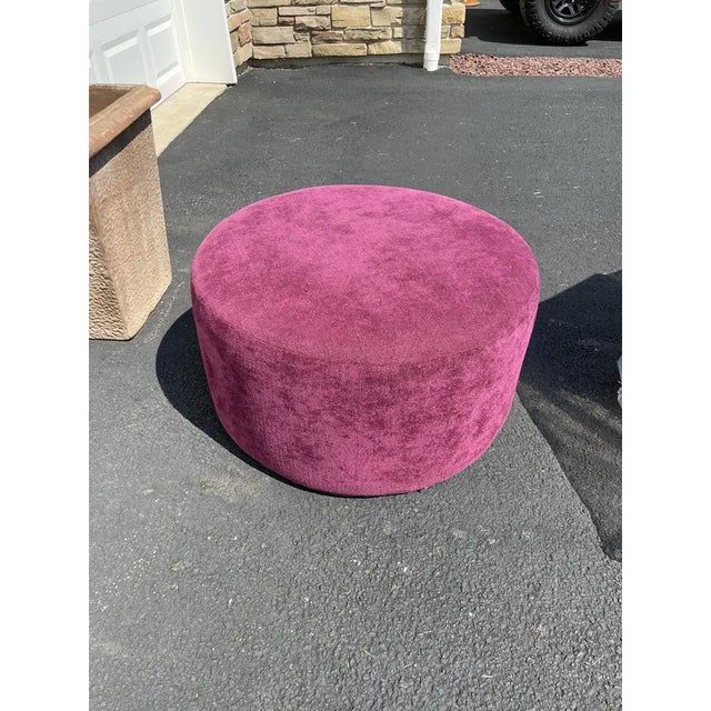 Vintage Custom Berry Chenille Round Ottoman With Caster Wheels For Sale In New York - Image 6 of 7