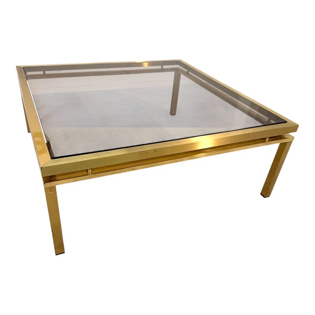 Mid-Century Modern Square Brass & Smoked Glass Coffee Table, 1970s For Sale