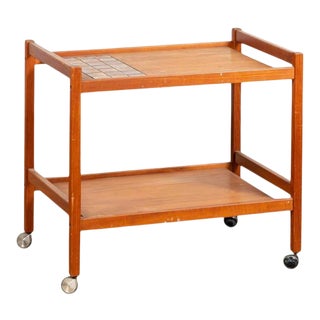 Mid Century Modern Danish Teak Bar Cart With Tile Bottle Area For Sale