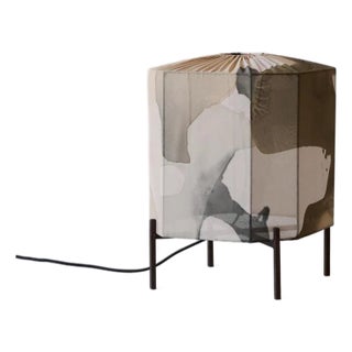 Hand-Painted Silk Standing Table Lantern on Metal Base For Sale