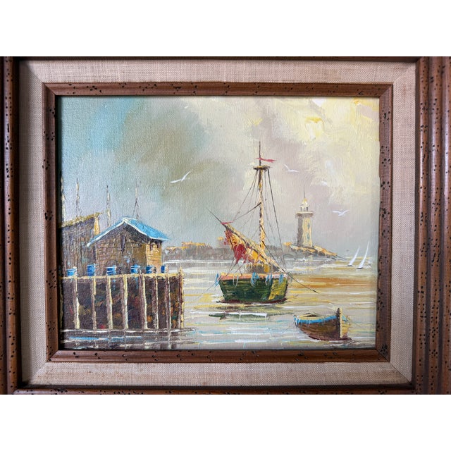 Blue 1960s Vintage Coastal Harbor & Lighthouse Oil Painting on Plywood – Framed For Sale - Image 8 of 13