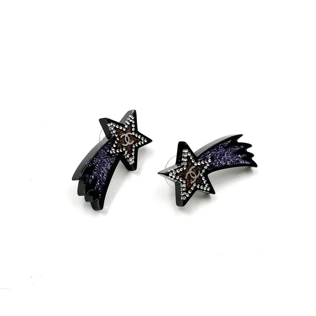 Chanel Silver CC Black Purple Glitter Shooting Star Piercing Earrings *Marked 17 *Made in France -Approximately 0.75″ x...