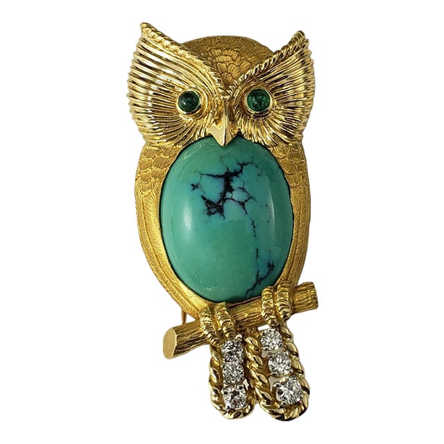 Vintage Cartier 18k Turquoise, Emerald, and Diamond Owl Brooch For Sale