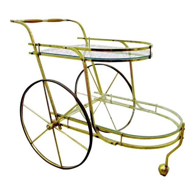 1950s Mid-Century Modern Brass and Glass Bar Cart Tea Cart For Sale