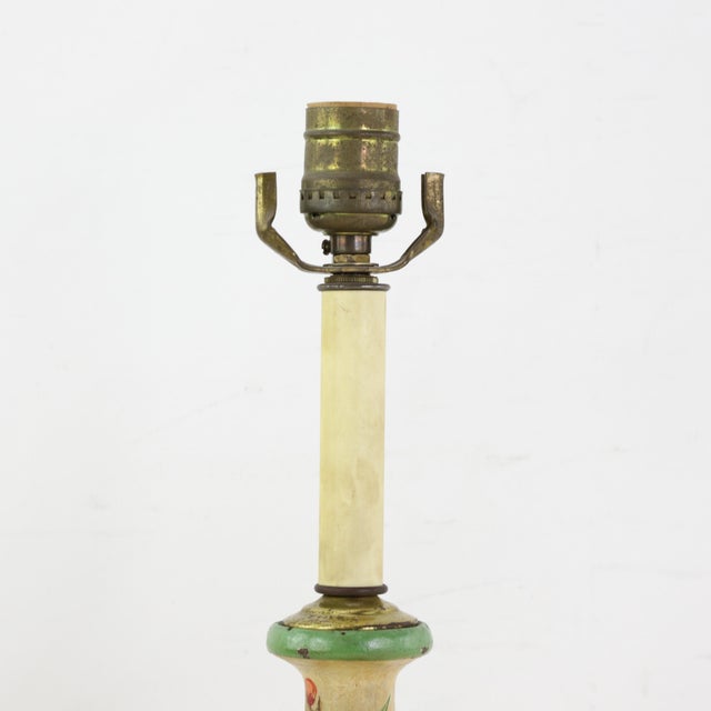 Vintage Hand-Painted Candlestick Lamp With Chinoiserie Floral and Bamboo Motif For Sale In New York - Image 6 of 11