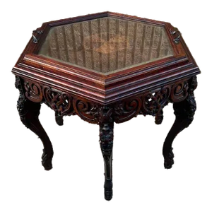 Antique Walnut and Burlwood Inlaid Octagon Side Table With Glass Tray Top. Circa 1920.