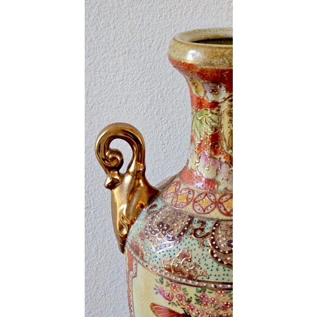 Gold Vintage Japanese Satsuma Hand-Painted Moriage Urn Vase - 16.5” Tall For Sale - Image 8 of 17