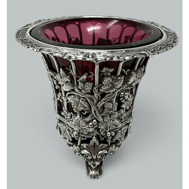 French Antique French Sterling Silver Vase Centerpiece Cranberry Glass Poss. Baccarat 19c For Sale - Image 3 of 9