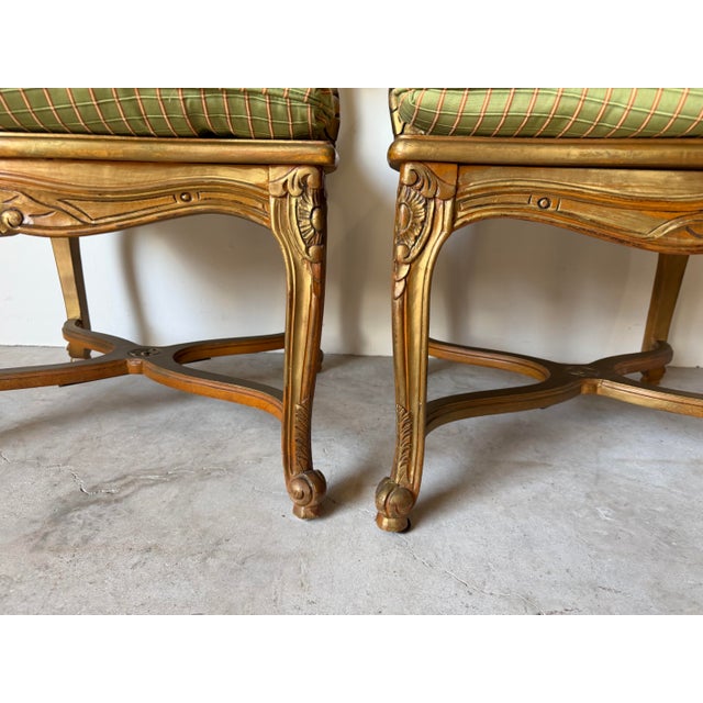 Vintage Hollywood Regency French Louis XV-Style Giltwood Cane Armchairs – A Pair For Sale - Image 11 of 14