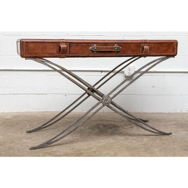 Mid 20th Century Vintage Leather Luggage Form Accent Table With Spayed Iron Base For Sale - Image 13 of 13