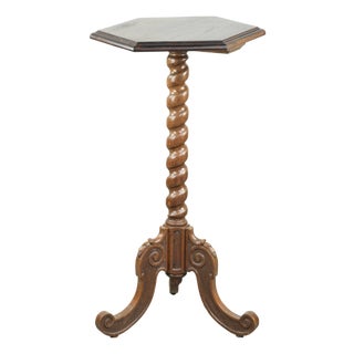 Tall Antique Oak Side Table with Wood Carving For Sale