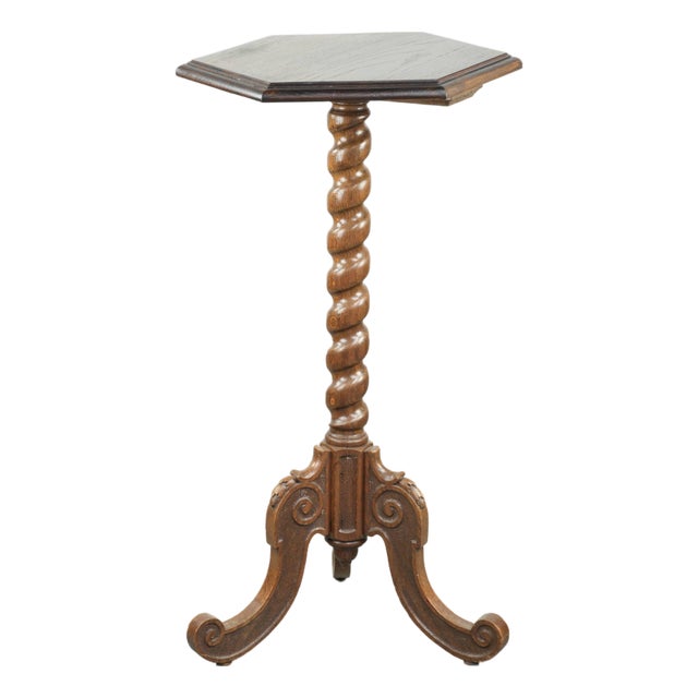 Tall Antique Oak Side Table with Wood Carving For Sale