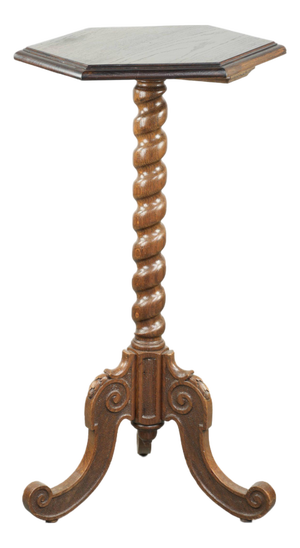 Tall Antique Oak Side Table with Wood Carving
