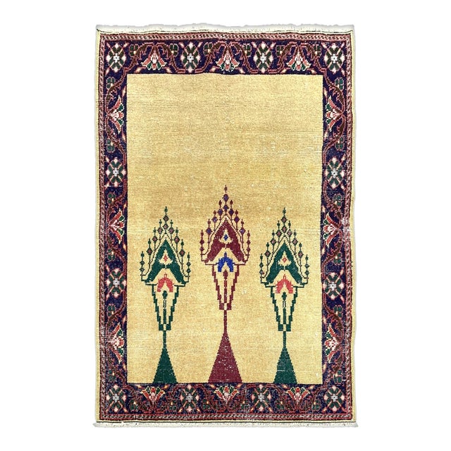 Vintage Gold Turkish Oushak Hand-Knotted Prayer Rug, 03'01 X 04'08 For Sale