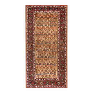 1880s Soft Yellow Floral Hand Knotted Antique Persian Bijar Rug 4'6" X 8'10" Wool Carpet For Sale