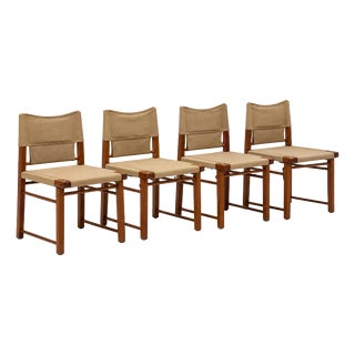 Italian Wooden Dining Chairs with Canvas Upholstery, 1970s, Set of 4 For Sale