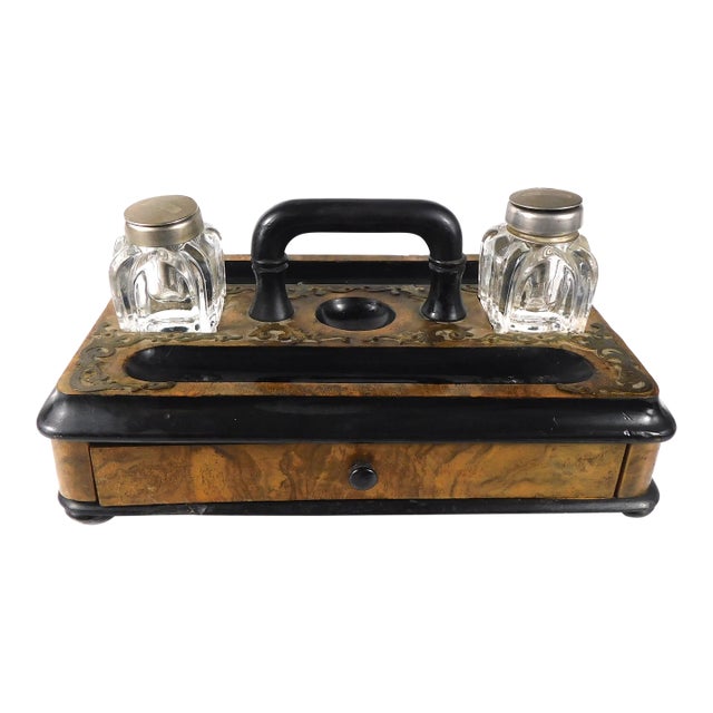 Wooden Desk Organizer With Drawer and Two Crystal Inkwells For Sale