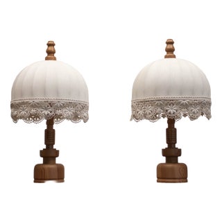 Bedside Lamps in Pine and Linen by Yngve Ekström for Lystella, 1960s, Set of 2 For Sale