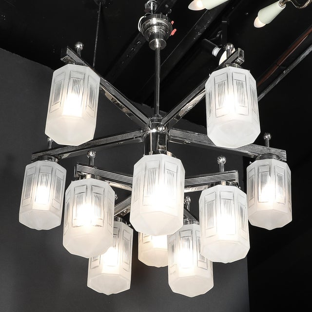 Art Deco Style 10 Arm Frosted & Etched Glass Chandelier W/ Polished Nickel Frame For Sale - Image 13 of 18