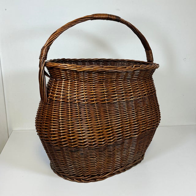 Wood Mid-Century Large Boho Chic French Country Market Wicker Basket With Handle For Sale - Image 7 of 16