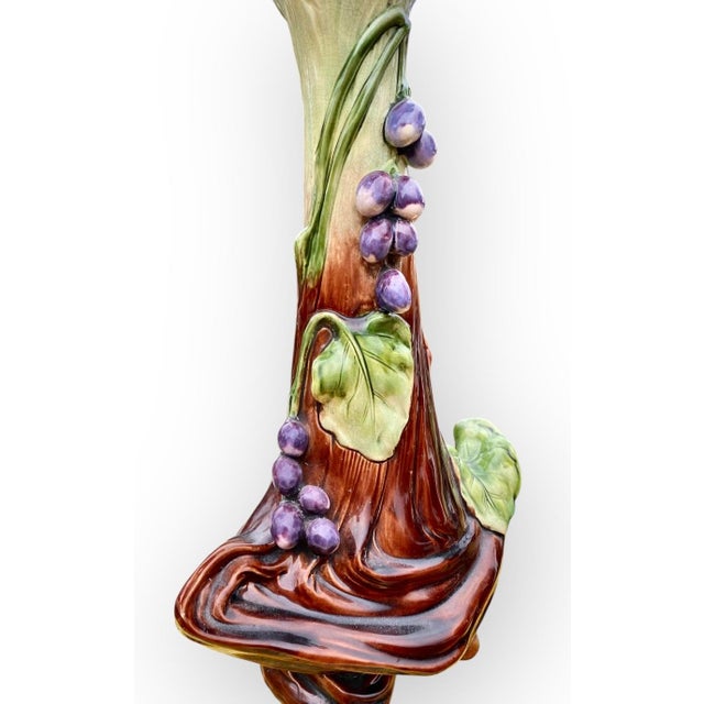 An Art Nouveau Plums Design Majolica Amphora Vase For Sale - Image 10 of 17
