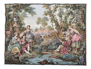 Vintage French Aubusson Jacquard Tapestry Hunting and Fishing, 1970s