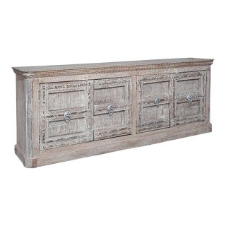 Industrial Solid Wood Credenza With Decorative Iron Hinges | Rustic Distressed Sideboard | Mid Century Modern Buffet | Country Ranch Cabinet For Sale