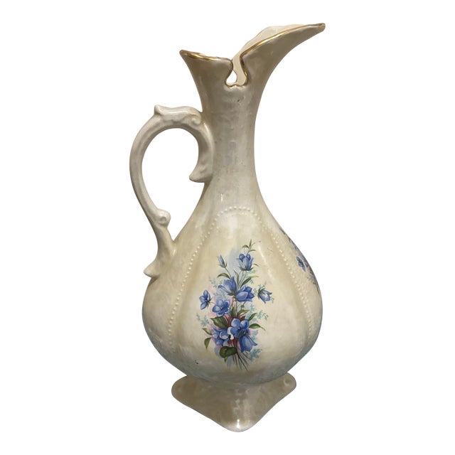 Vintage Iridescent Ivory Ceramic Pitcher Vase Hand-Painted Blue Flowers & Gilt Trim For Sale