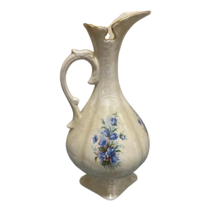 Vintage Iridescent Ivory Ceramic Pitcher Vase Hand-Painted Blue Flowers & Gilt Trim