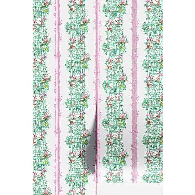 Chinoiserie Shenanigans Toile Grasscloth Wallpaper by House Party | Bamboo Grove Green | 6 Yards For Sale