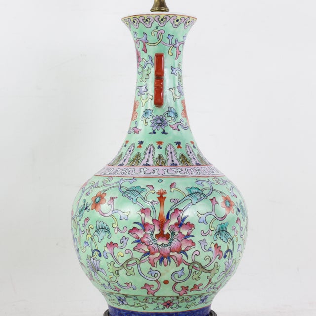 Vintage Chinese Famille Rose Lime Green Porcelain Vase Lamp With Lotus and Peony Scrollwork For Sale - Image 11 of 16