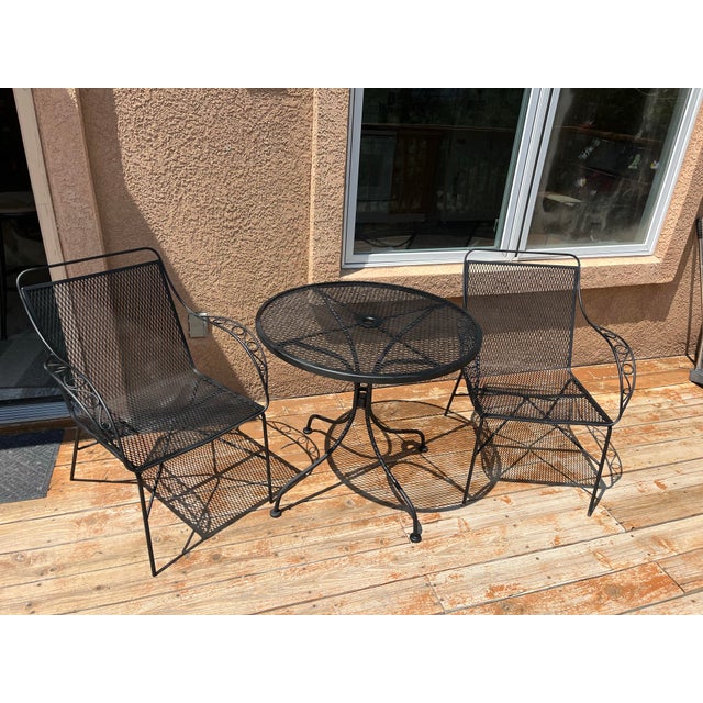 Black Woodard Style Mid-Century Modern Black Wrought Iron Mesh Bistro Set - 3 Pieces For Sale - Image 8 of 8