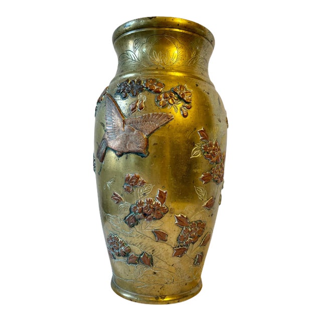 19th Century Antique Japanese High Relif Birds Flowers Mixed Metal Bronze Copper Brass Vase For Sale