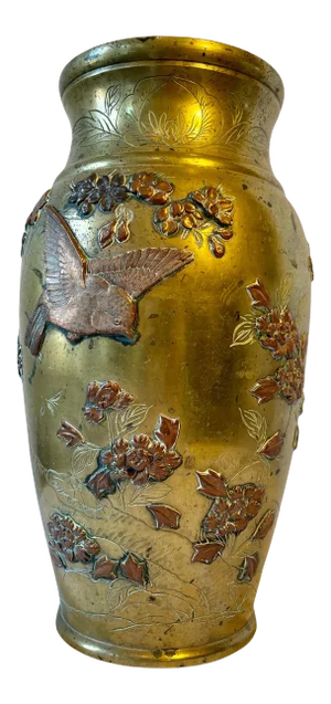 19th Century Antique Japanese High Relif Birds Flowers Mixed Metal Bronze Copper Brass Vase