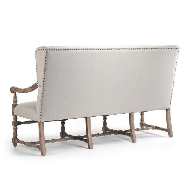 French Country Franck Oversized Tall Back Bench in Natural Linen For Sale - Image 3 of 4