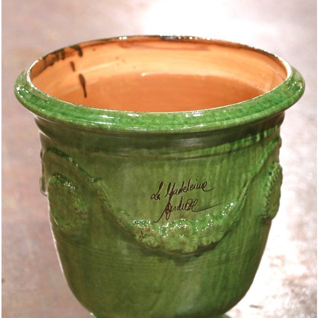 Pair of French Handmade Green Glazed Terracotta Anduze Planters by La Madeleine For Sale In Dallas - Image 6 of 9