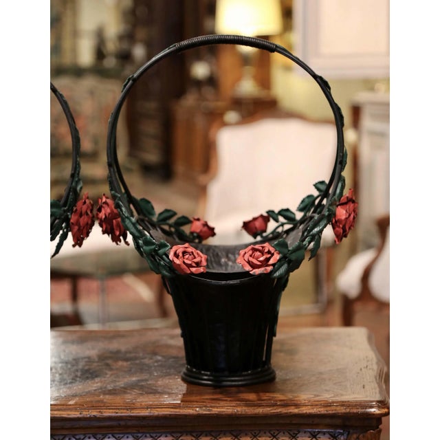 Mid 20th Century Vintage French Painted Metal Hanging Baskets With Floral and Leaf Decor - a Pair For Sale - Image 10 of 13