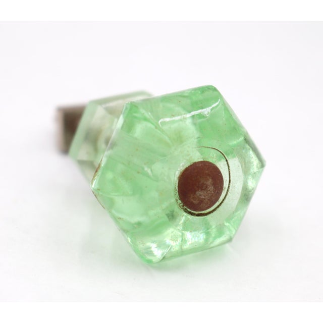 Pair of Vintage 1.25 In. Hexagon Green Glass Cabinet Knobs For Sale - Image 4 of 6