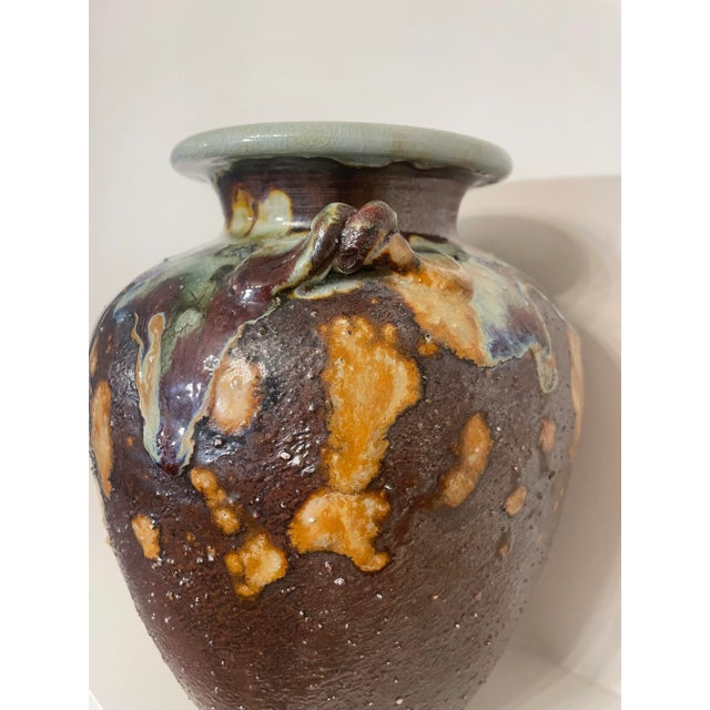 Antique Abstract Asian Raku Ceramic Pottery Vase in Celadon, Camel, Chocolate Brown For Sale - Image 10 of 12