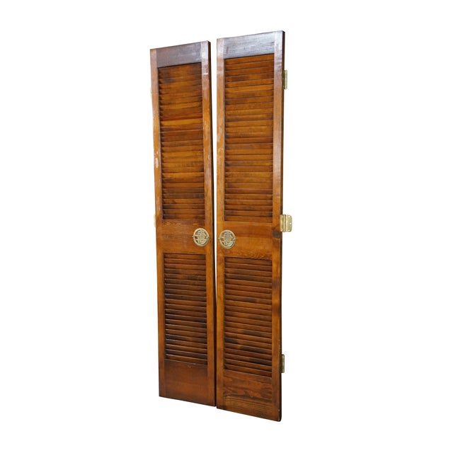 Mid-Century Modern Pair Mid-Century Chinoiserie Elm Louvered Double Bi Fold Doors Brass Shou Pulls For Sale - Image 3 of 18