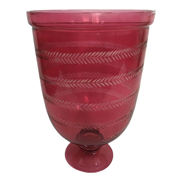 Red Etched Glass Candle Hurricane For Sale