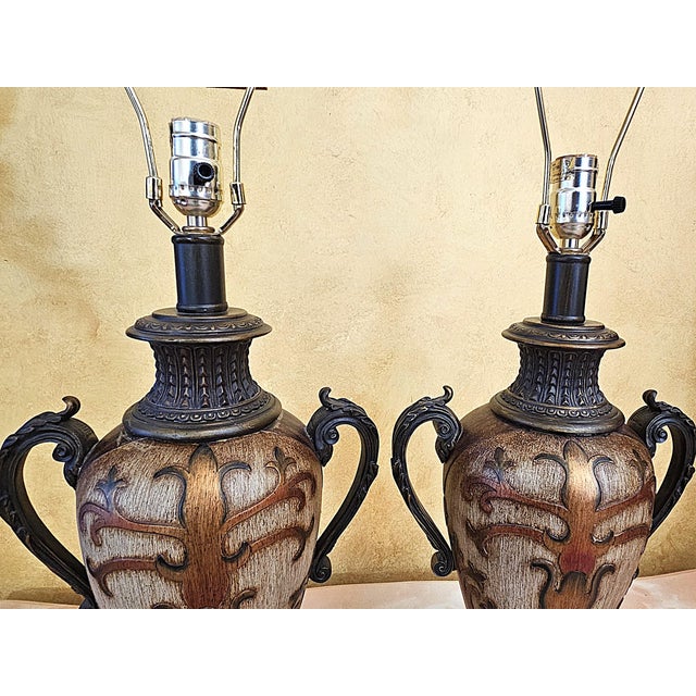 Pair of Vintage Neoclassical Urn Table Lamps With Decorative Fringe Shades For Sale In Washington DC - Image 6 of 18
