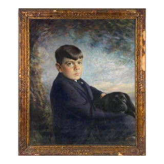 Hudson River School Landscape With a Portrait of a Boy and Dog Original Pastel by Maurice B. Rosenbaum For Sale