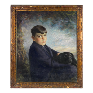 Hudson River School Landscape With a Portrait of a Boy and Dog Original Pastel by Maurice B. Rosenbaum